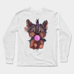 Cute, yorkie - puppy with bubble gum Long Sleeve T-Shirt